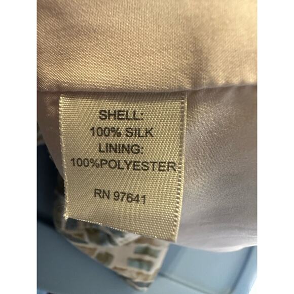 J Jill Jacket Womens Petite L Beige Blue Geo Print Silk Blazer Peplum Hem Boho - Picture 8 of 10